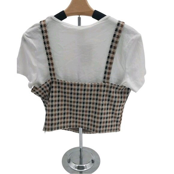 Self Esteem Women's Juniors' Printed Layer-Look Top Beige Large Plaid Coord New - Picture 4 of 16